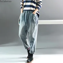 Ретро эластичная талия вышитые джинсы осенние свободные шаровары повседневные брюки женские джинсы с высокой талией эластичные брюки A888Z40