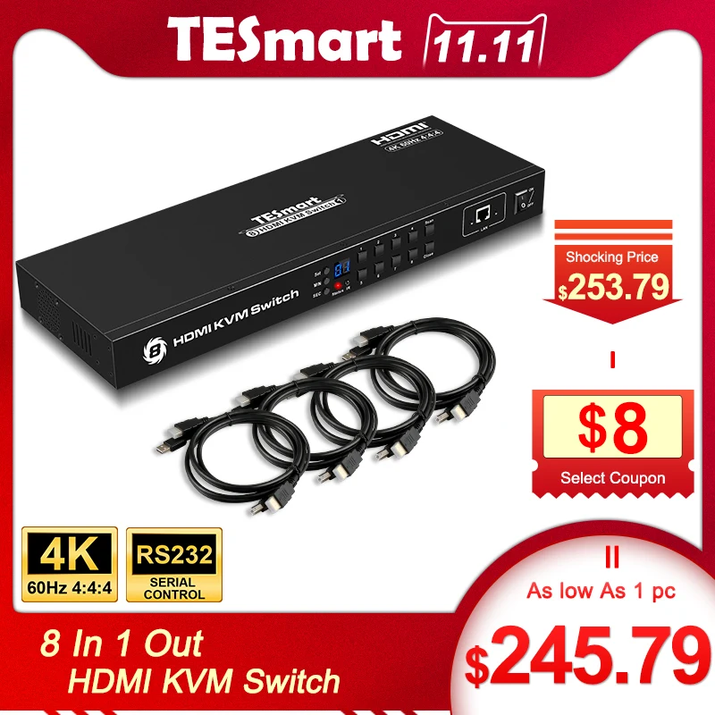 4K HD KVM коммутатор 8 порт HDMI коммутатор до 4K @ 60 Гц Ультра HD Поддержка USB2.0 IP управление Автоматическое сканирование Rackmount с 4 шт kvm-кабель