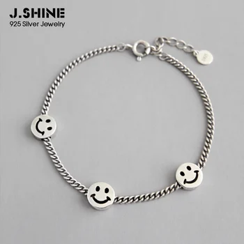 

JShine Chic Smile Face 925 Sterling Bracelets For Women INS Vintage Link Chain Friendship Bracelet Ladies Silver 925 Jewelry
