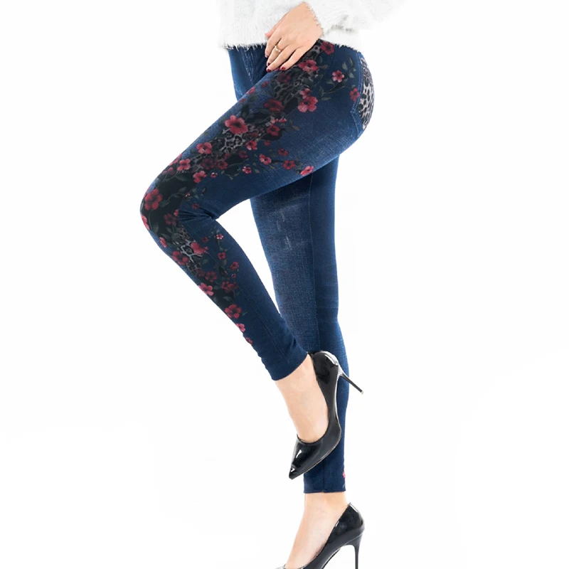 Sfit Женская мода Высокая талия цветочный принт имитация денима Поддельные джинсы облегающие леггинсы обтягивающие повседневные Леггинсы