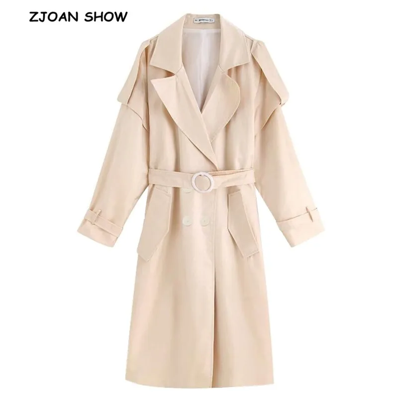 

2019 Chic New Autumn Apricot Buckle Belt Long Windbreaker Notched Collar Women Trench Office Lady Elegant Coat