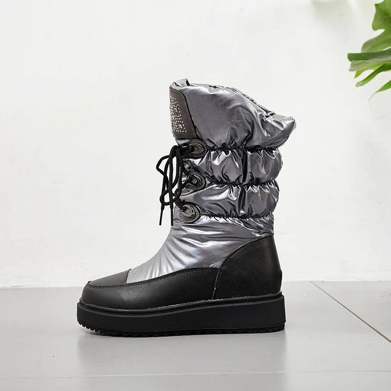 Водонепроницаемые ботинки из плотного плюша; женская зимняя обувь; Botas Mujer; коллекция года; женские зимние ботинки на шнуровке; зимние ботинки до середины икры на платформе