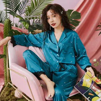 

Wmyqdlq New Style Pajamas Women Spring And Autumn Ice Silk Thin Lace Loose Long-Sleeved Trousers Two-Piece Home Service