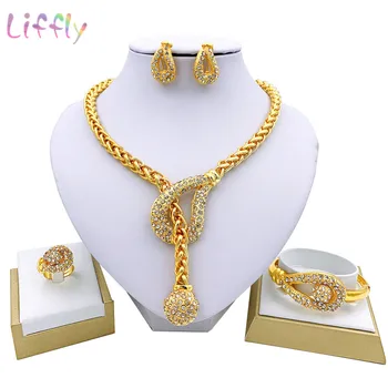 

Liffly Luxury Dubai Gold Jewelry Sets for Women Necklace Bracelet Earrings Ring African Wedding Bridal Jewelry Set