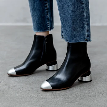 

Metal Round Toe Women Autumn Ankle Boots Black Leather Short Chelsea Booties Side Zip Riding Botas Mujer Brown Cowboy Botines