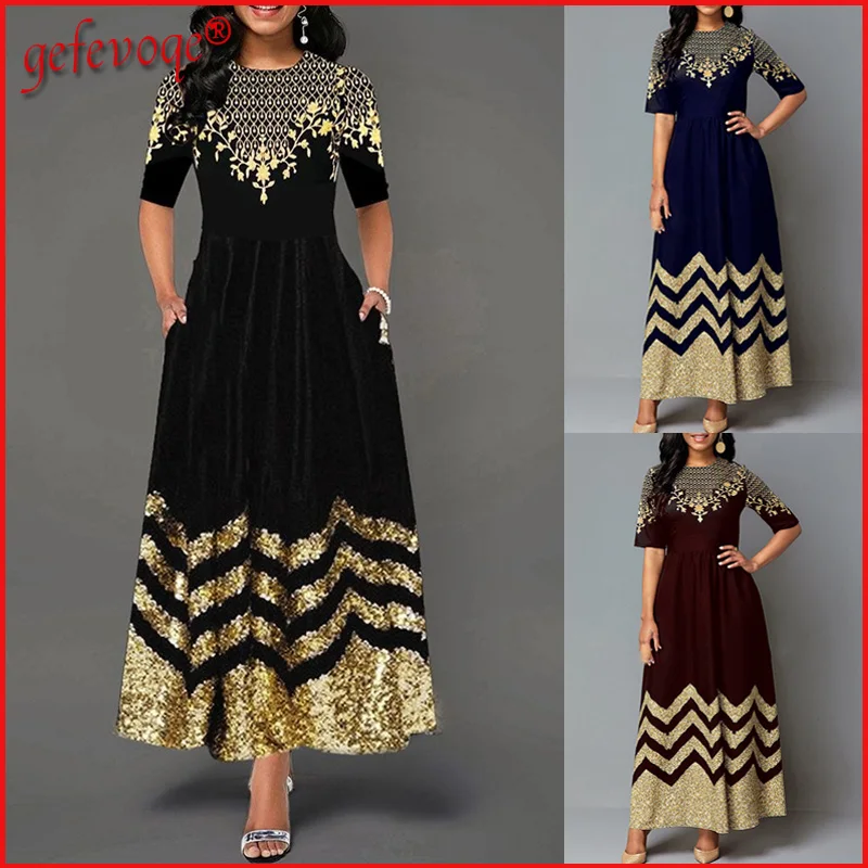 

Summer Women's Vintage Print O Neck Half Sleeve Elegant Long Dresses High Waist Slim A-line Party Dress Female Clothing Vestidos