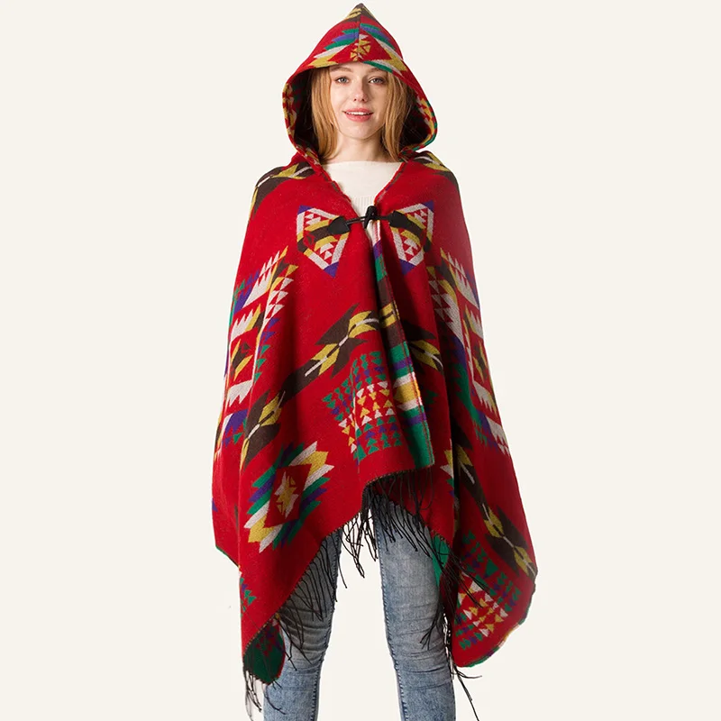  Women Stitch Wool Geometric Patterns Printed Shawl Neck Scarf Cap With Hood women's scarves handker