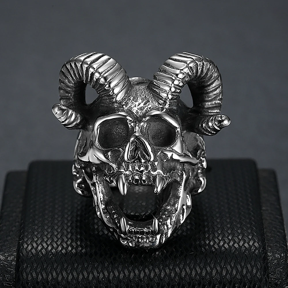 Stainless Steel men ring Goat horns skull punk biker ring fashion jewelry 