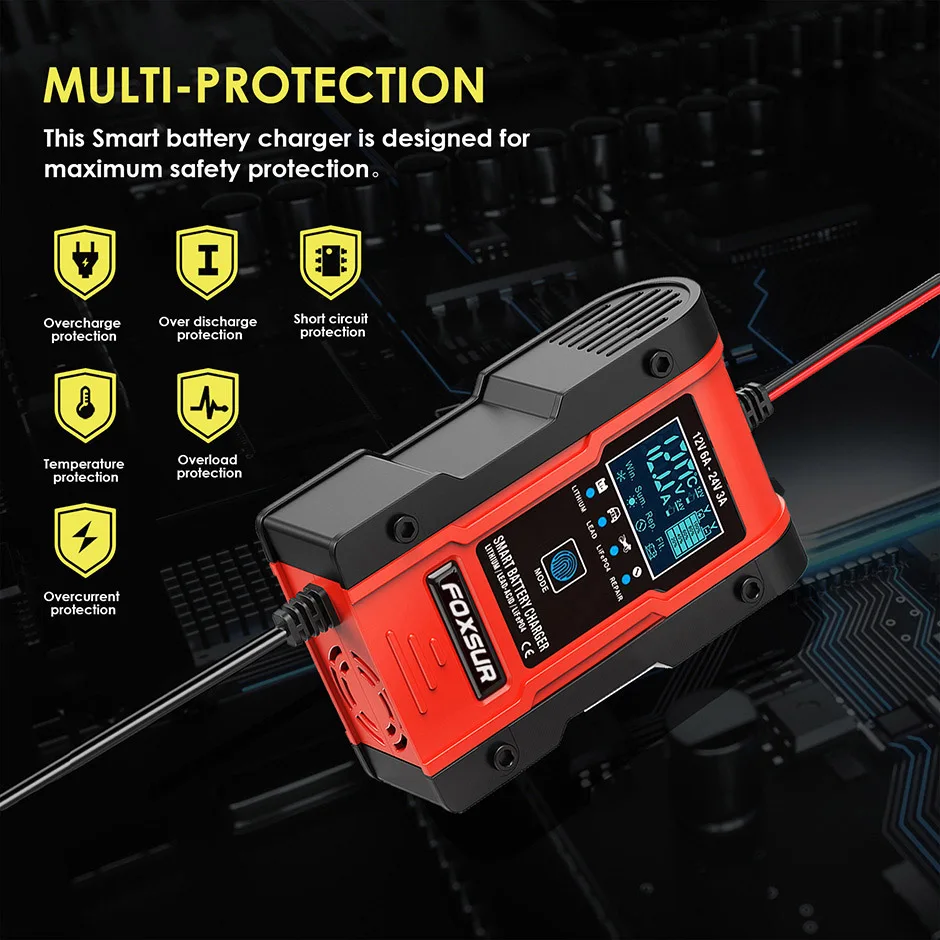 Truck Battery Charger Heavy Duty , FOXSUR 12V 6A 24V 3A Car Smart Battery Charger Fast Charge AGM LiFePO4 Lead-Acid Battery Truck Battery Charger Heavy Duty , FOXSUR 12V 6A 24V 3A Car Smart Battery Charger Fast Charge AGM LiFePO4 Lead-Acid Battery