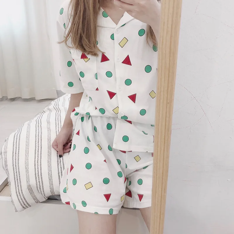 Geometric Short Sleeve Sleeping Pajamas for Women Summer Lingerie Set Turn-down Collar Womens Pijamas | Женская одежда