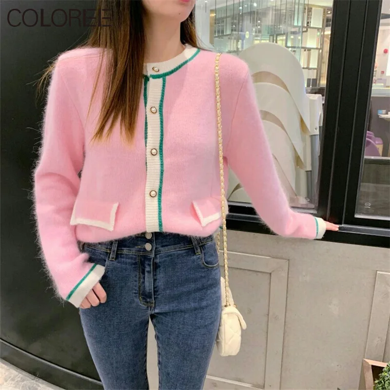 Korean Casual Pink V neck Knitted Cardigan Women Autumn Winter Long