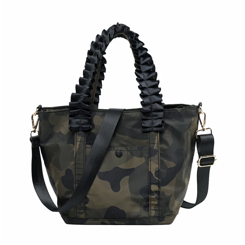 

Camouflage Print Water Repellent Nylon Handbags Ruffled Handle Crossbody Bag for Women Large Capacity Shoulder Bag Lady Tote Bag