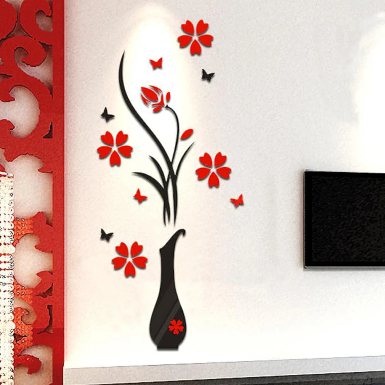 DIY Vase Flower Tree Crystal Arcylic 3D Wall Stickers Decal Home Decor Comfortable Warmth Quality Fashion elegant Creative 