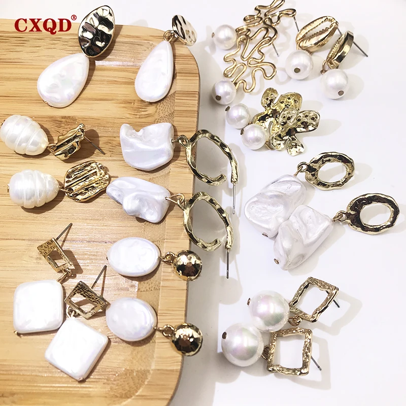 

CXQD Korea Handmade Fashion Geometric Gold Natural Shell Pearl Drop Earrings For Women Girls Dangle Ear Jewelry Graceful Classic