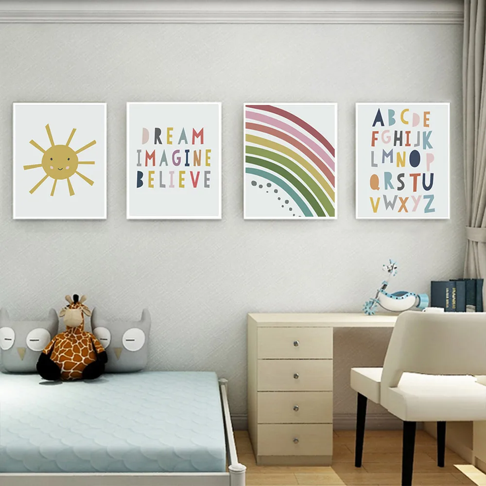 

Abc Alphabet Canvas Poster Art Print Sun Rainbow Painting Nordic Nursery Wall Modular Picture Kids Baby Room Home Decoration