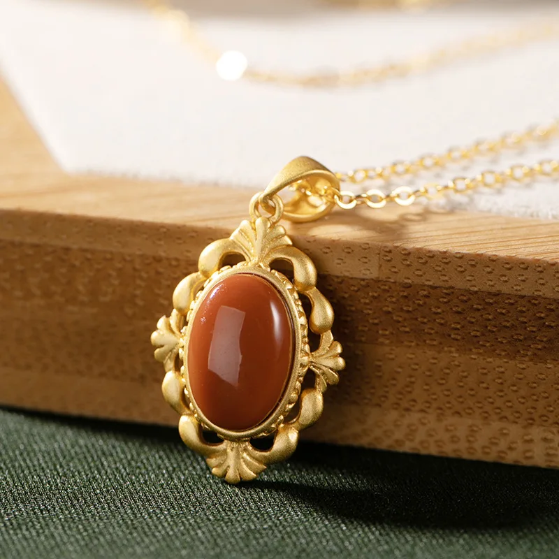 

S925 pure silver hollow out natural personality south red agate with high-grade classic ms chain pendant sets of chain