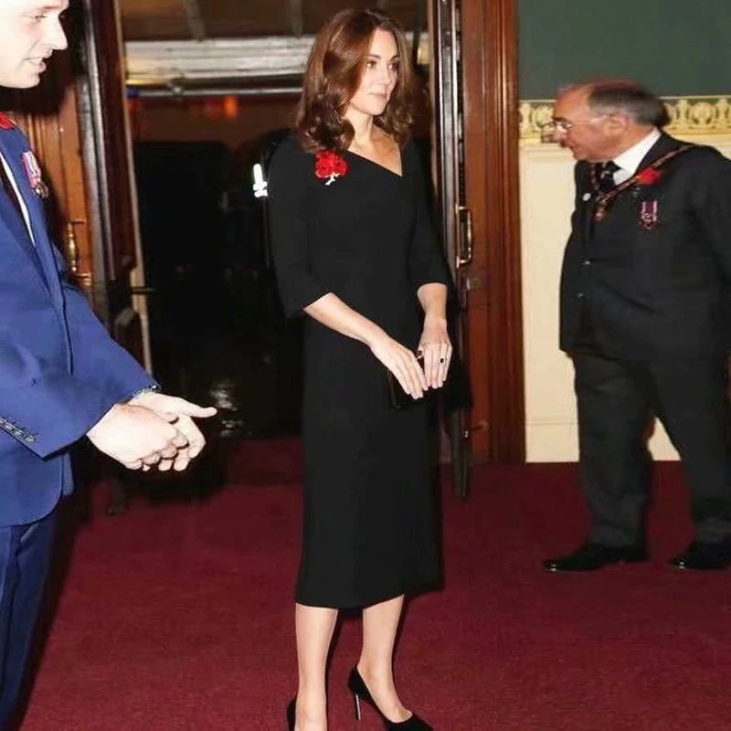Kate Princess Middelton, платье принцессы на весну и осень, дизайн с неровным вырезом, черно-белое приталенное винтажное платье с рукавами
