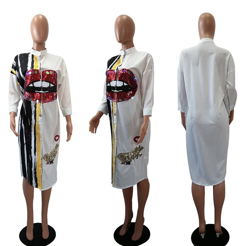 Модное женское платье в африканском стиле с принтом Дашики и пайетками размера плюс, повседневные летние свободные длинные рубашки с пуговицами - Цвет: White