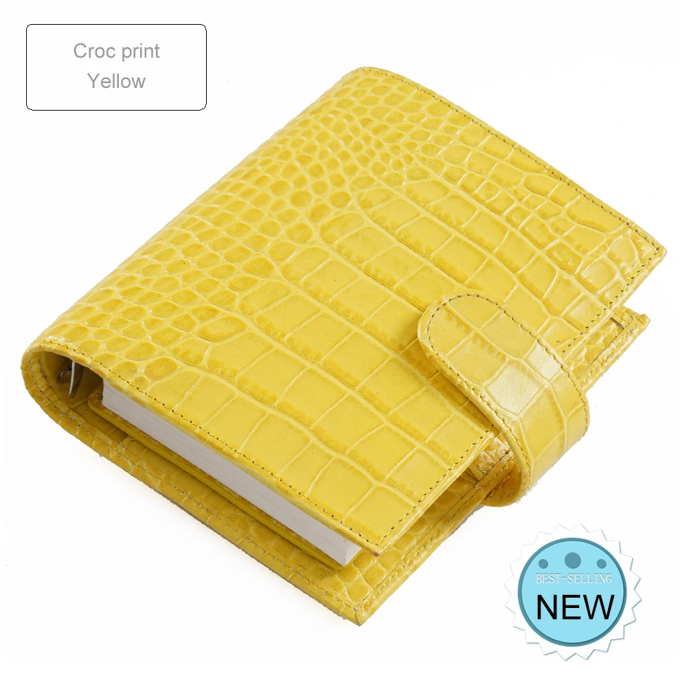 Croc Yellow Кольца из натуральной кожи, записная книжка, размер А7, медный Биндер, Мини органайзер, дневник из воловьей кожи, дневник, блокнот для зарисовок, планировщик, большой карман - Цвет: Croc Yellow