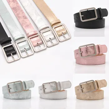 

Fashion PU Leather Belt Women Casual Vintage Gold Shiny Belts for Female Simple Soft Waistband Square Buckle Jeans Waist Belt