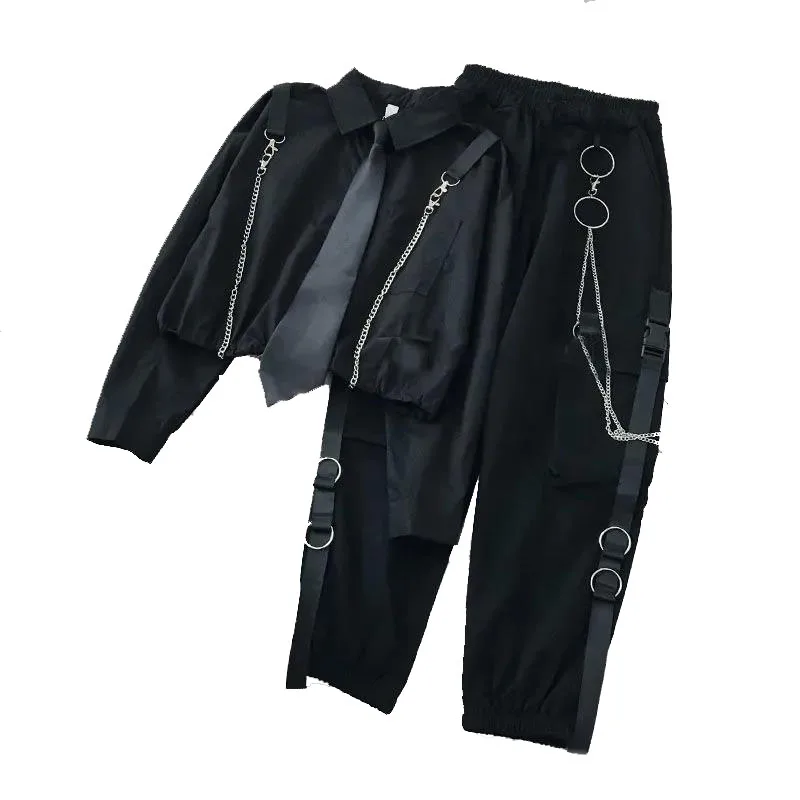 

Autumn Female Student Loose Tie Shirt High Waist Belt Cargo Pants 2022 New Harajuku Streetwear Two-Piece Suit Set
