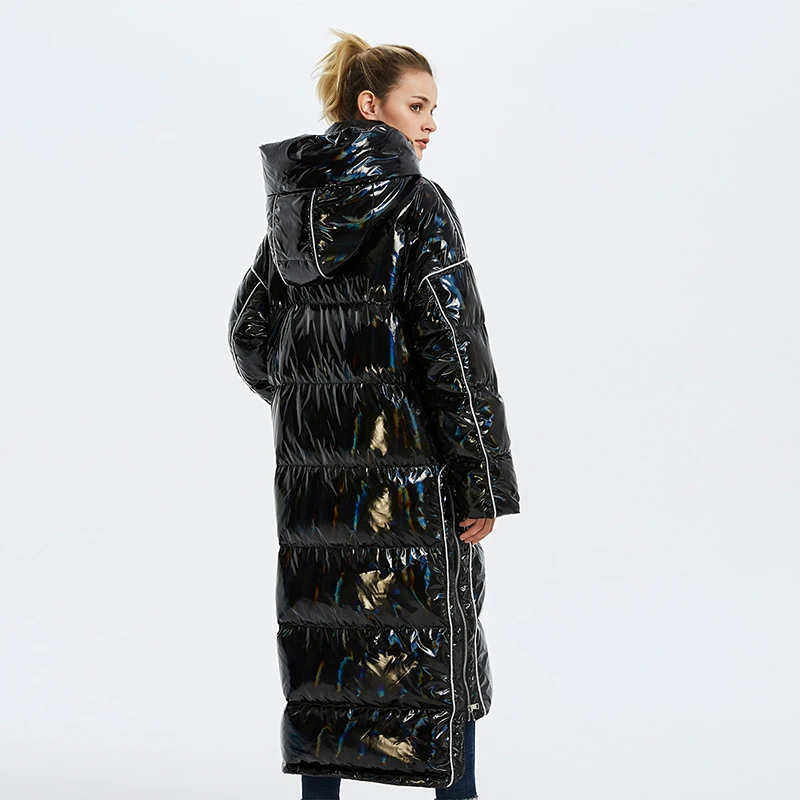 Goedkoop Glossy patent stof down jassen Winter Luxe kwaliteit glossy down jas vrouwelijke hooded kraag oversize dikker warm down jassen