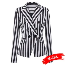Женский шикарный Блейзер размера плюс в полоску, двубортный, с длинным рукавом, Офисная Женская одежда, короткое пальто, женская повседневная верхняя одежда, топы