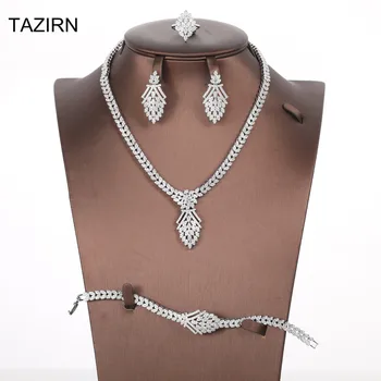 

4 Pcs Cubic Zirconia Crystal Dubai Wedding Bridal Jewelry Sets Necklace Bracelet Earrings Rings Full Jewelry Gift Set For Women