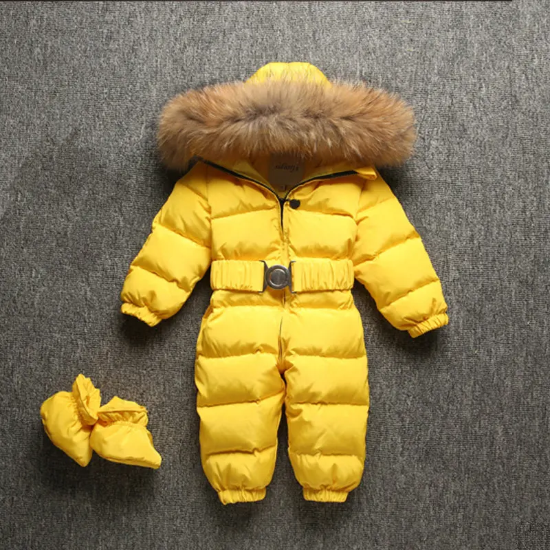 Теплые Комбинезоны для маленьких мальчиков, зимний комбинезон с меховым капюшоном, Детские Пуховые комбинезоны для новорожденных девочек, зимняя одежда для малышей - Цвет: Цвет: желтый