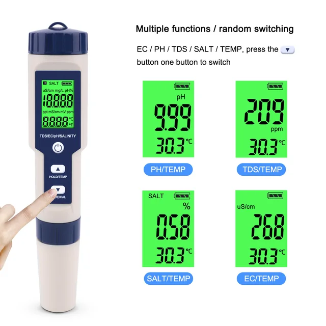 pH-mètre pH TDS et température EC testeur BIO 5 en 1 Testeur de qualité de  l'eau avec Écran LCD, testeur de qualité l'eau numérique (ATC) pour l'eau