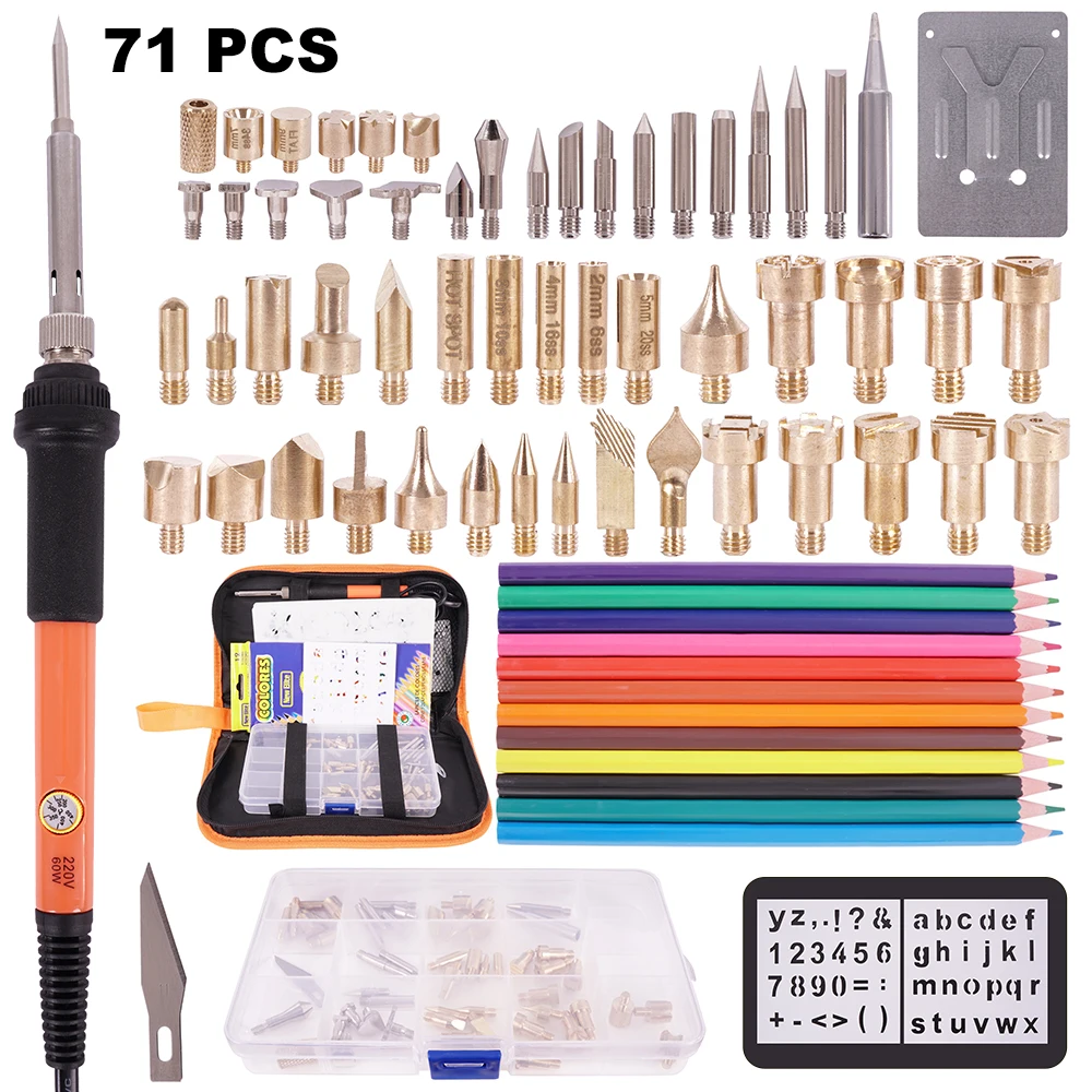 

71pcs Wood Burning Kit Carving Pyrography Pen Kit 60W Adjustable Temperature Soldering Iron Welding Wood Embossing Burning Set