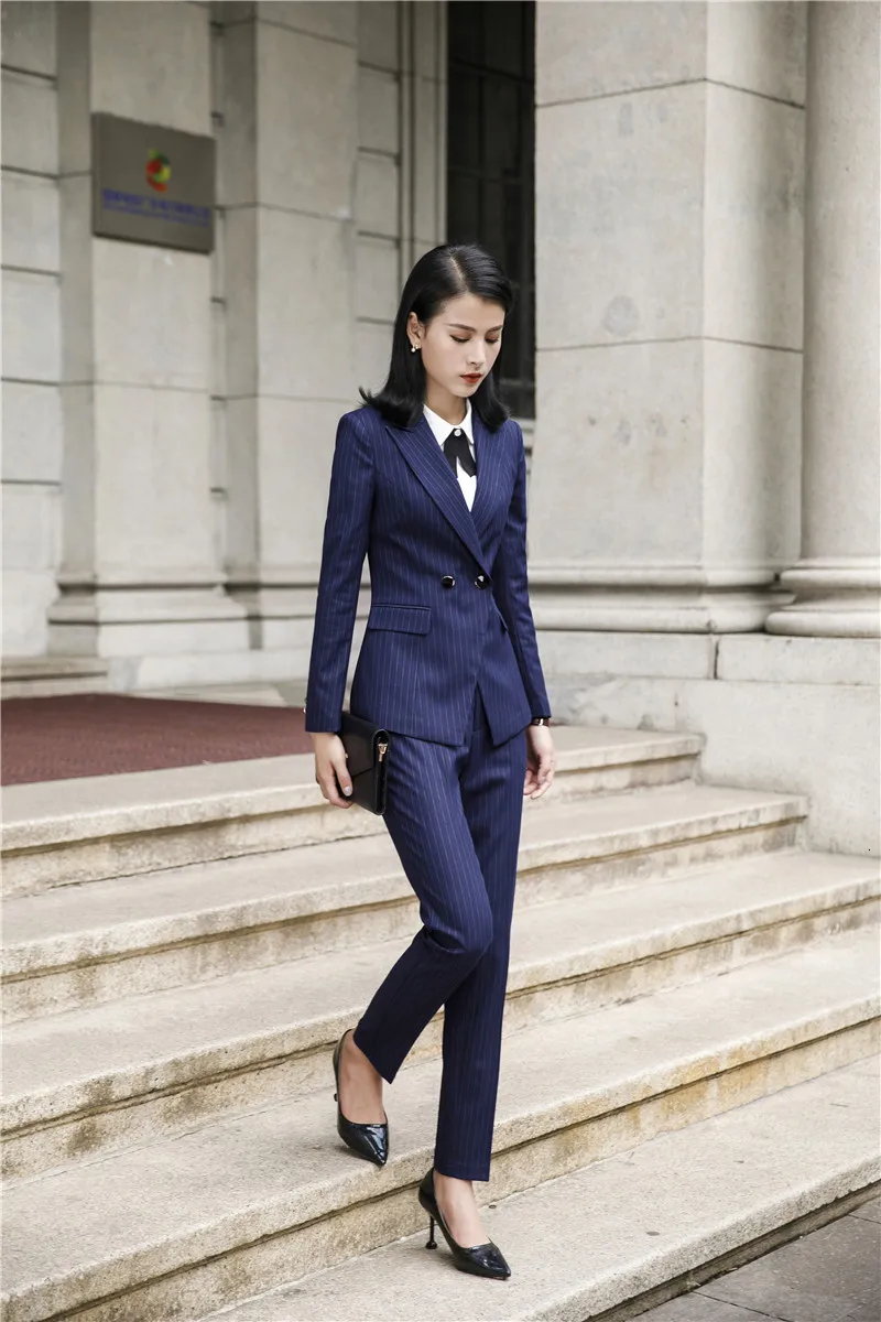 Мода в полоску 2019 Professional для женщин бизнес костюмы брюки для девочек и куртки пальто OL стили формальные офисные Рабочая одежда