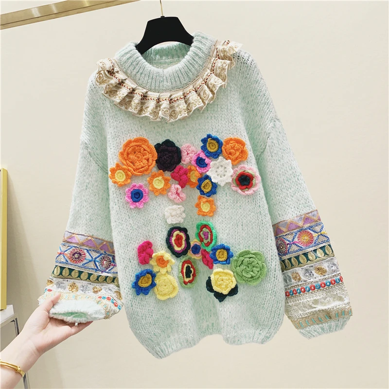 

Sweater Women 2020 New Spring Winter Heavy Embroidery Beaded Fairy Court Stereo Handmade Crochet Lace Panel Women's Sweaters