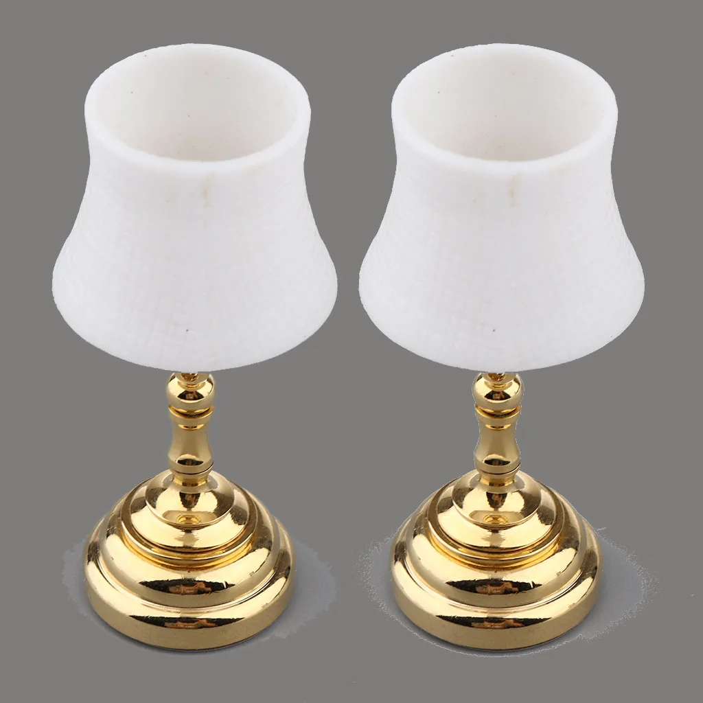 2pcs/Set 1:12 Scale Dollhouse Battery Operated LED Desk Lamp Miniature Lights Model, Golden Base with White Lampshade