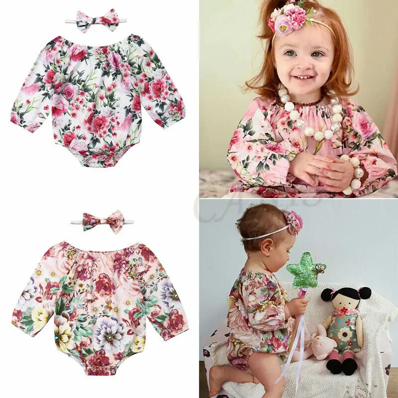 

0-24M Bodysuit Newborn Baby Girl Clothes Floral Long Sleeve Jumpsuit Babygrow Headband Clothes 2PCS