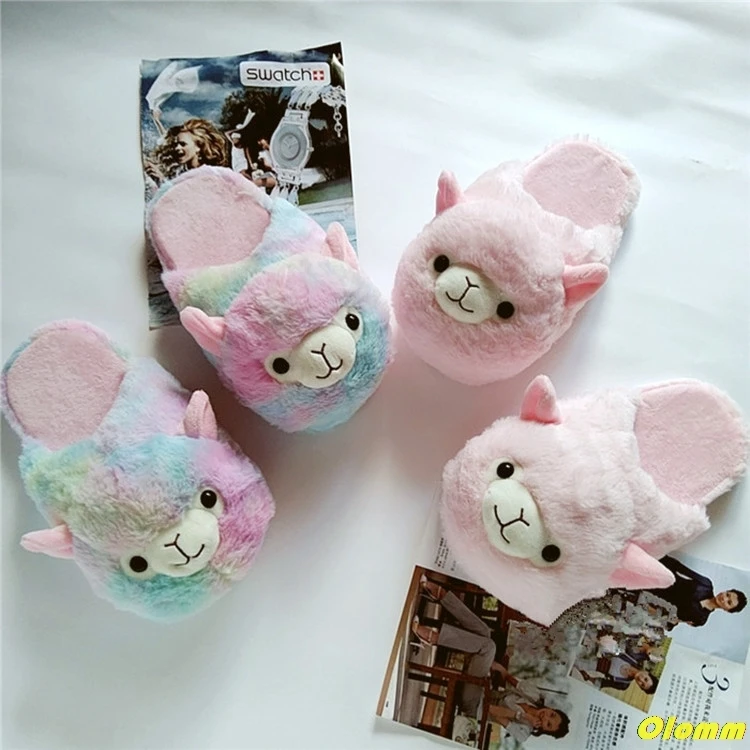 

Cute Cartoon Alpaca Indoor Slippers Women Winter Home Floor Shoes Female Warm Faux Fur House Slipper Soft Sole Slides SH466