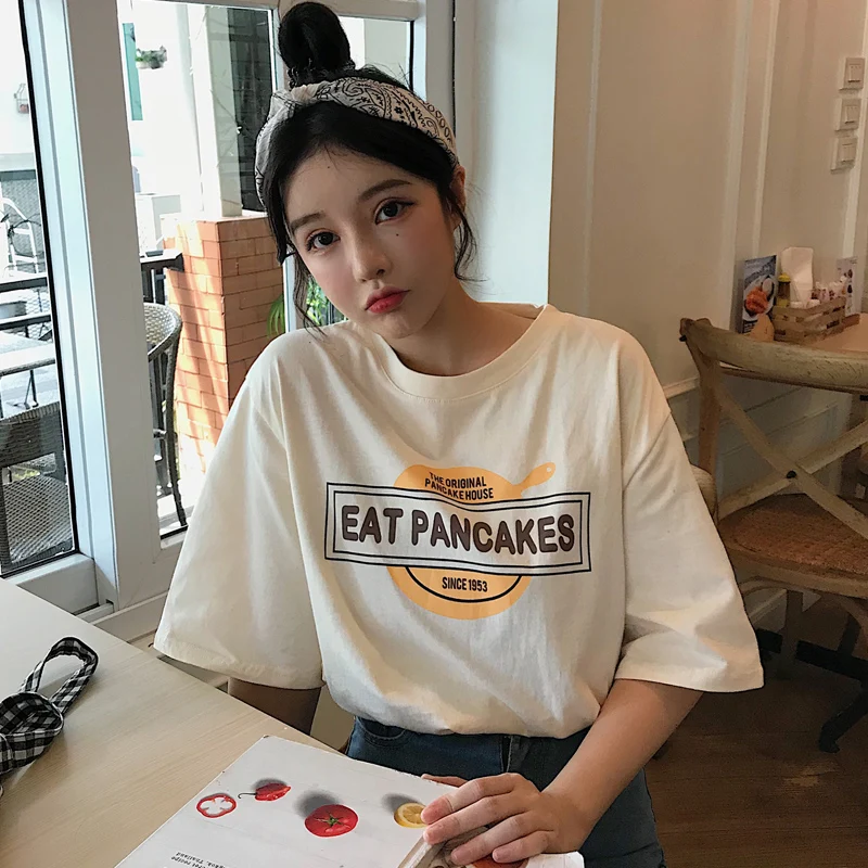 

Summer Letter Print Cotton Short Sleeve T-shirt Women White Casual Loose Chic Style Round Neck Tops Tees 2020 Korean Fashion