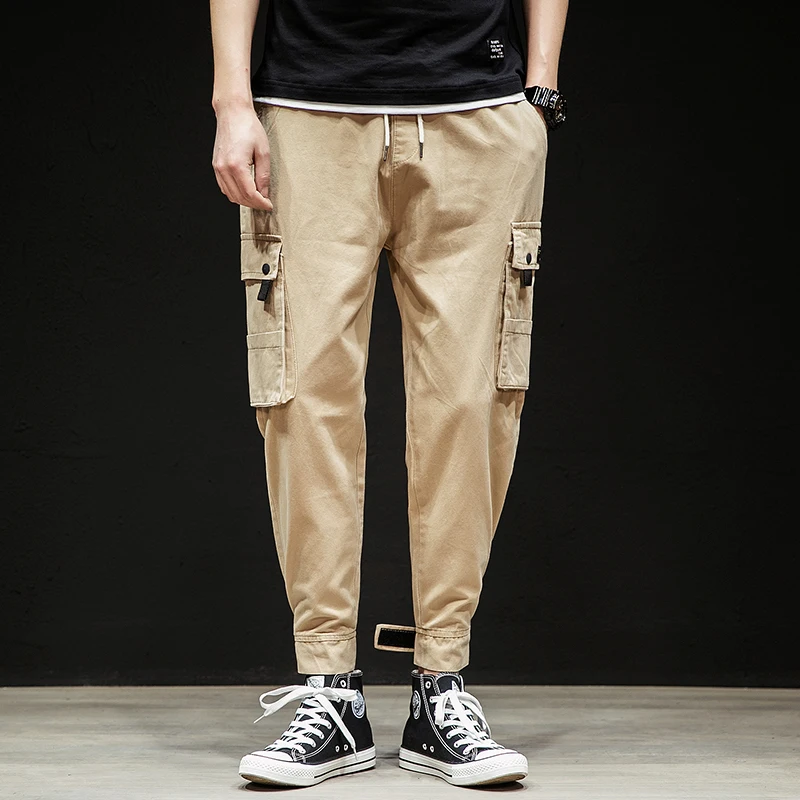 Харадзюку мужские брюки мульти-карманы сплошной цвет брюки карго эластичный пояс черный зеленый хаки S-4XL брюки