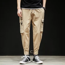 Харадзюку мужские брюки мульти-карманы сплошной цвет брюки карго эластичный пояс черный зеленый хаки S-4XL брюки