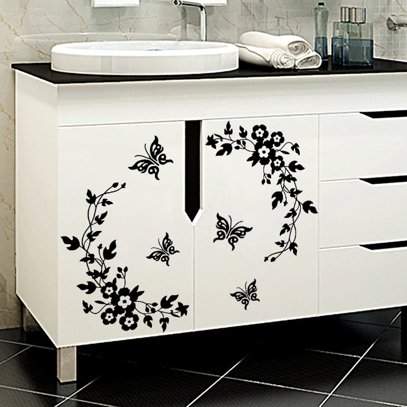 Black Vinyl Butterfly Flower Wall Stickers For Home Decor Living Room Kitchen Bathroom Flora Mural Wall Decoration Accessories
