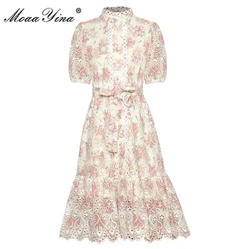 

MoaaYina Fashion Designer dress Summer Women's Lace up Dress Stand Collar Print Hollow Out Embroidery Dresses
