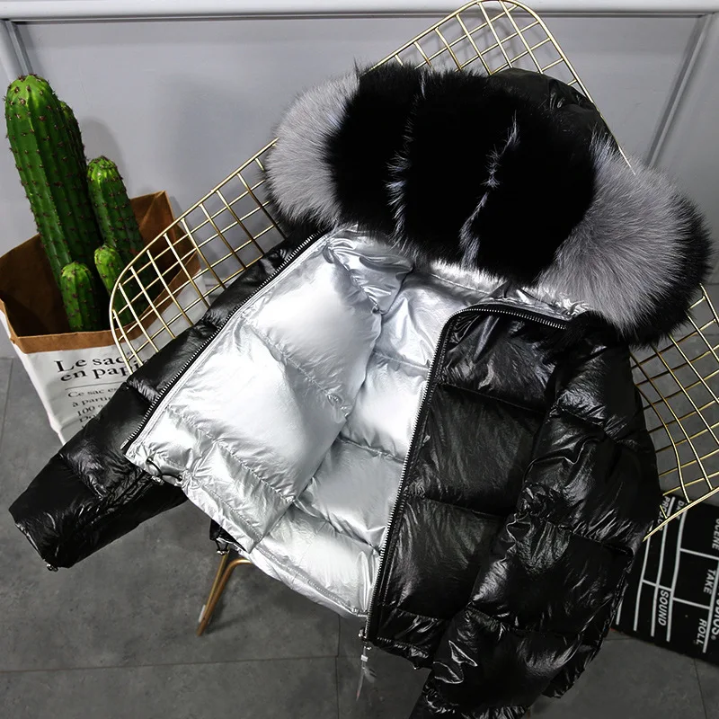 black faux fur Зимняя куртка FIONTO, Женское пальто с натуральным мехом, Воротник из натурального Лисьего меха, свободный пуховик, куртка на белом утином пуху, Толстая теплая пуховая парка - Цвет: black faux fur