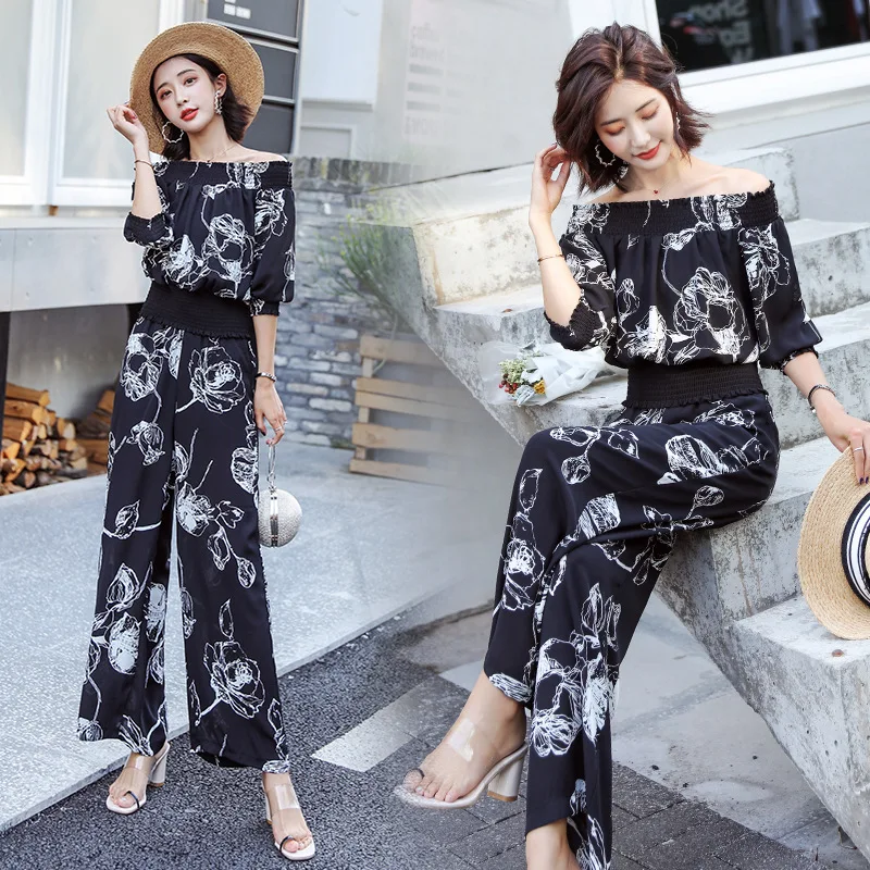 

Two-Piece Set 2019 Summer New Style Cool Elegant Fashion Comfortable Waist Hugging Printed Chiffon WOMEN'S Suit