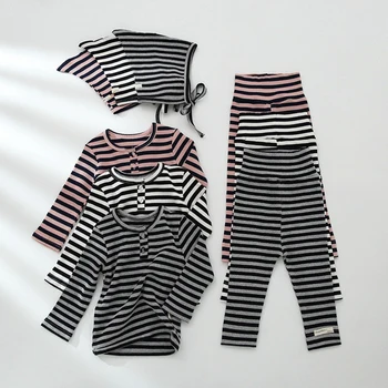 

Autumn Baby Boys Girls Clothes Suit T-shirt+Pants+Hat Toddler Girls Boys Cotton Stripe Pajamas Suit Baby Girls Clothing Sets