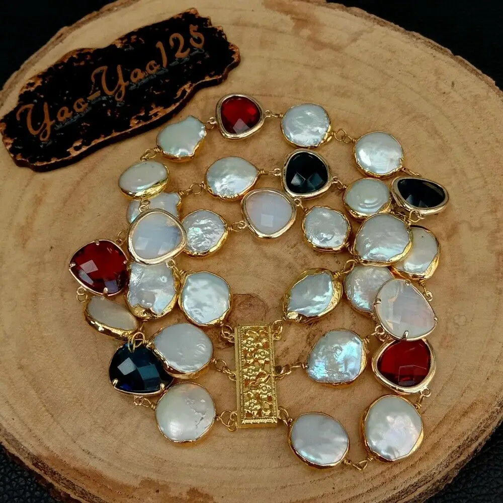 8" 3 Rows Cultured White Coin Pearl Golden Plated Crystal Connector Bracelet