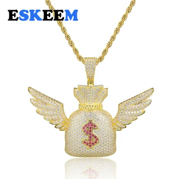 

Eskeem Hiphop Jewelry Fully Iced Out 3A Stone Gold and Silver Dollar Sign Angel Wing Money Bag Pendant Necklace