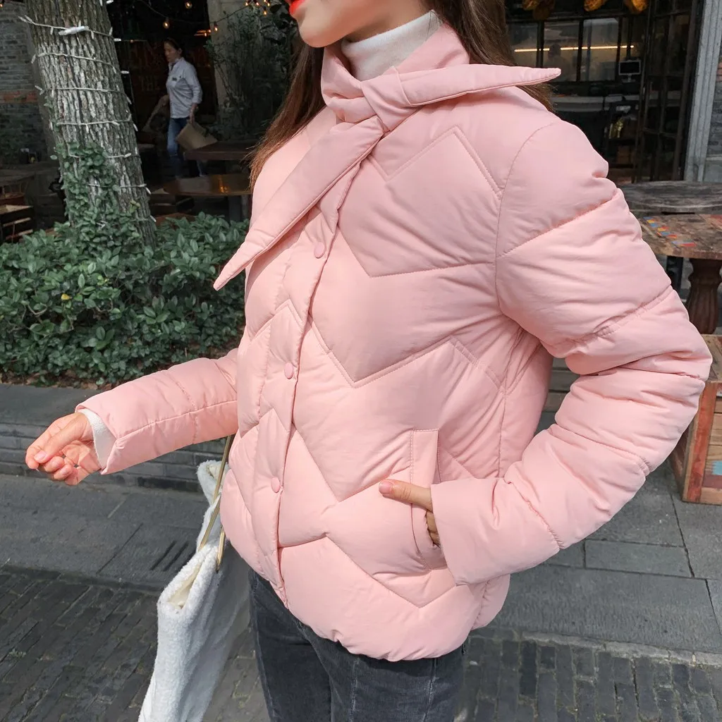 

feitong 2019 Jacket Women Winter Coat Fashion Warm Thick Solid Short Style Cotton padded Parkas Coat Stand Collar With bow 8M3