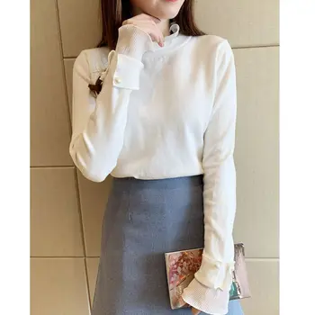 

Women Spring Sweaters Long Sleeves All-match Concise Loose Lotus Collar Pullover Knitting Fashion Casual Sweater