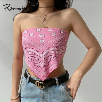 

Rapcopter Printed Women Tube Top Strapless Backless Tops Skinny Sexy Y2K Crop Top Summer Tees Fashion Streetwear Beach Clubwear
