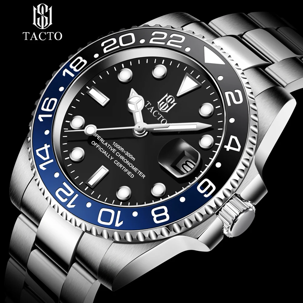 2021 TACTO Mens Watches Top Brand Luxury Gmt-Driver Sports Watches Black Steel Case Rotated Male Wrist Watch Relogios Masculinos